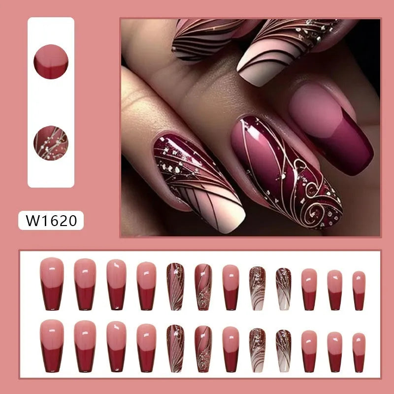Line pattern fake nails in French line design W1620 with glue tube on white background