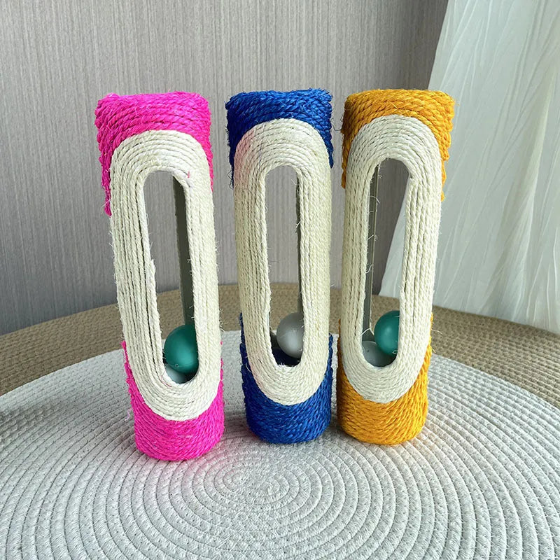 Sisal cat toy with plastic ball in blue colour, 28.5cm long, on white background