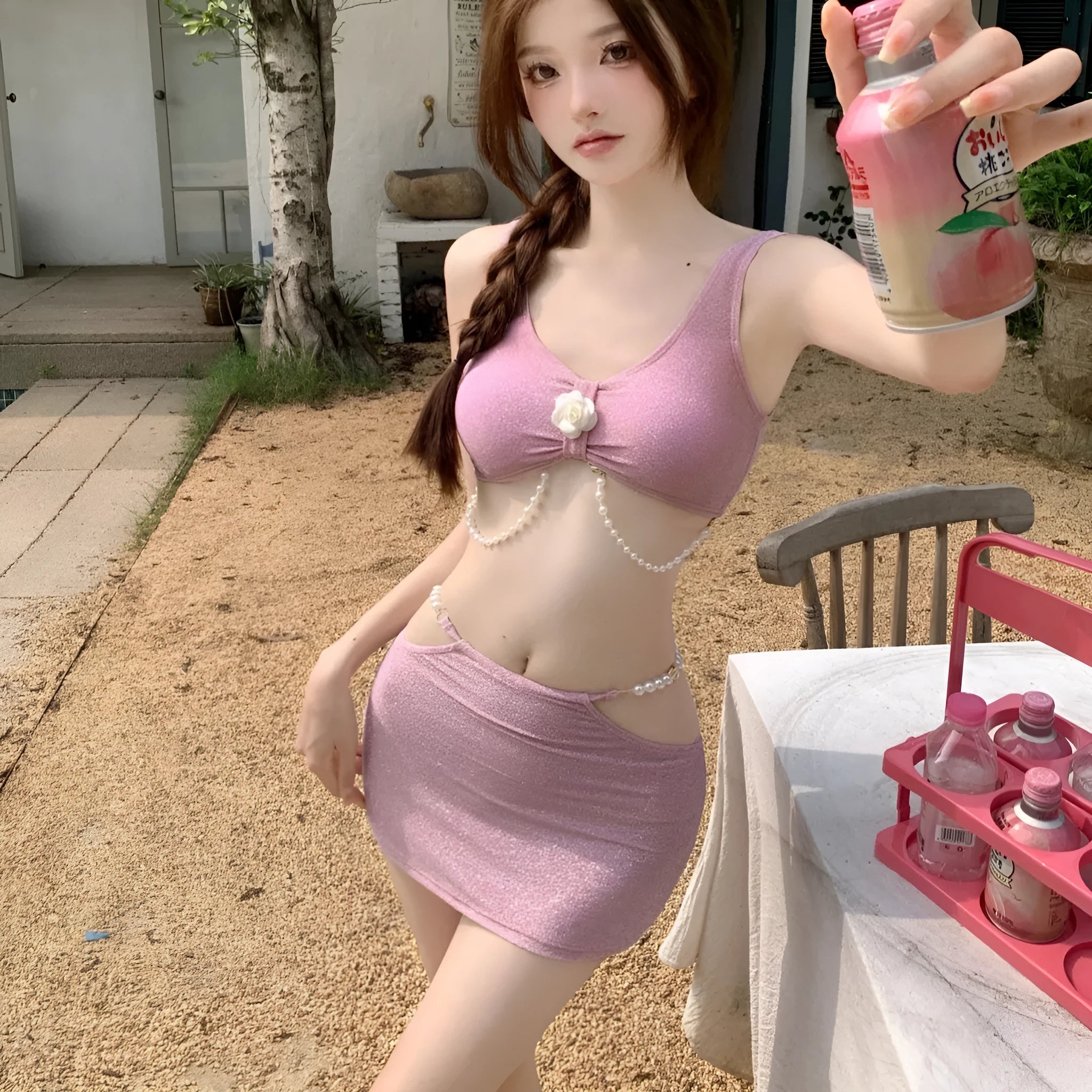 Black or pink three-piece polyester bikini swimsuit with backless design for swimming and hot springs