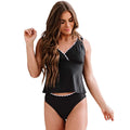 Black women's split swimsuit bikini on white background showing front view