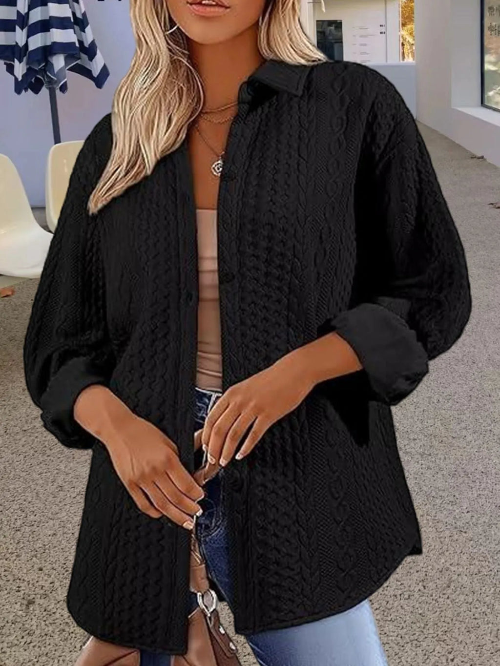 Women's solid colour long-sleeved knitted cardigan sweater shown in black, white, and khaki options