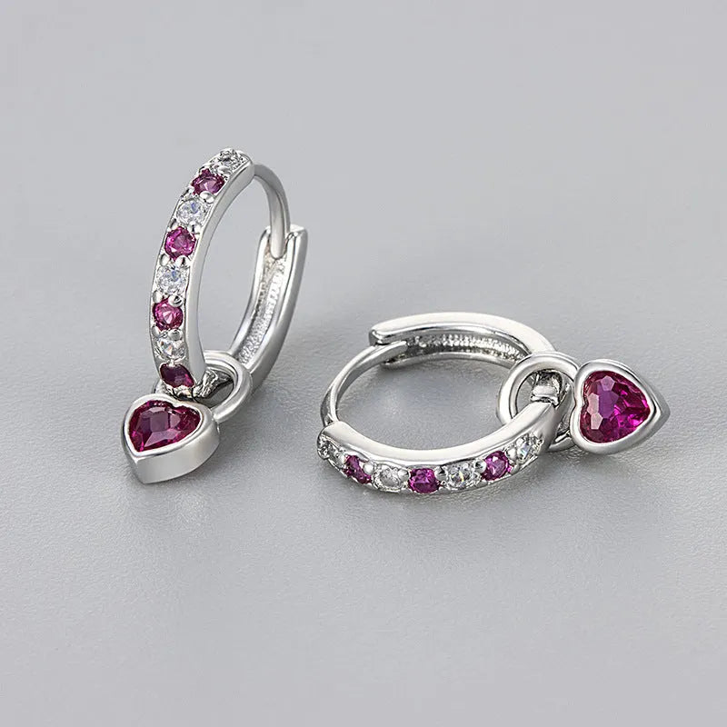 Women's zircon heart drop earrings in gold or white gold plating with coloured gemstones