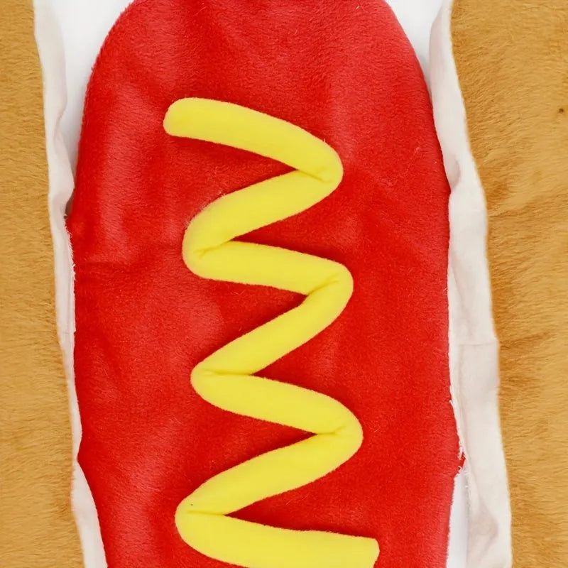 Red and brown plush hot dog costume on a small dog, showing velcro neck fastening.