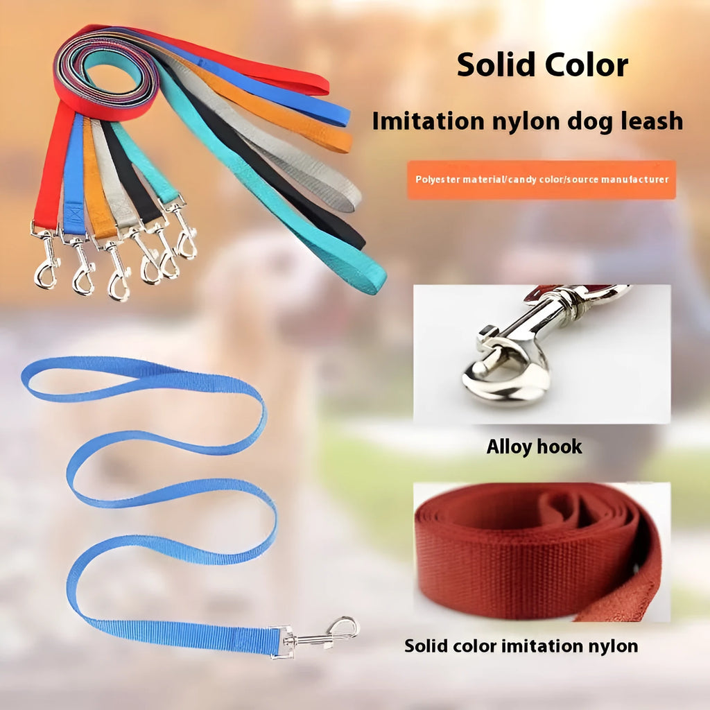 Solid colour polyester dog lead rope shown in blue, with a hand holding the loop and a dog clip at the other end.