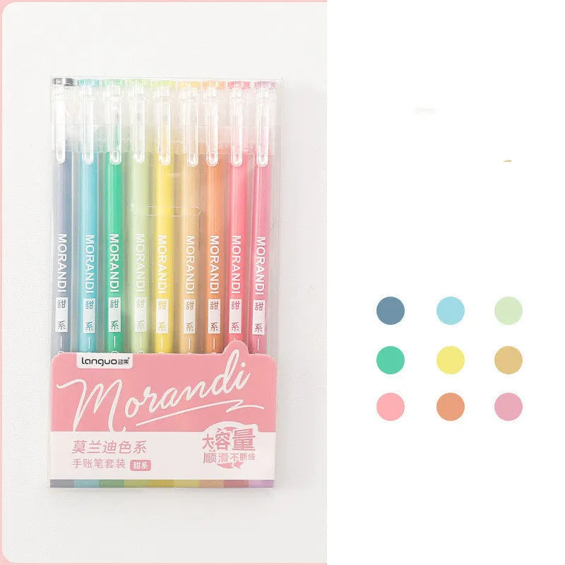 Set of nine solid colour gel pens with 0.5mm needle tips, packaged in a retro, Nordic, salt, or sweet series design.