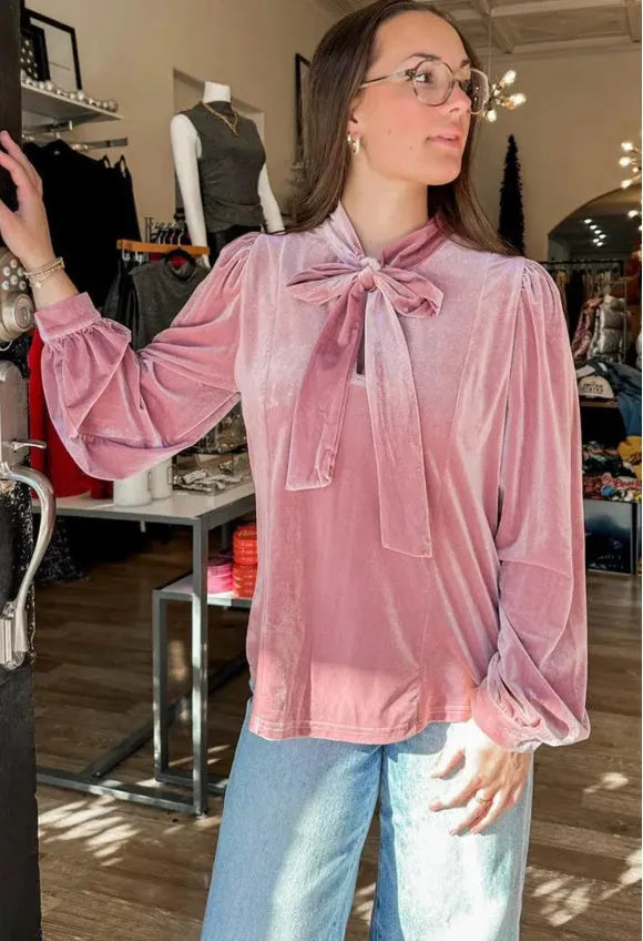 Fuchsia solid colour velvet ribbon bow knot long sleeve blouse with 100% polyester fabric, front view