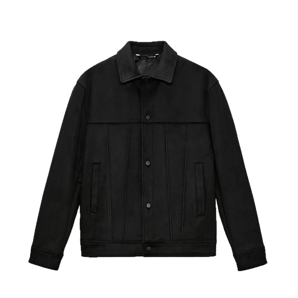 Men's black hooded jacket with a suede collar, side pockets, and a straight hem.