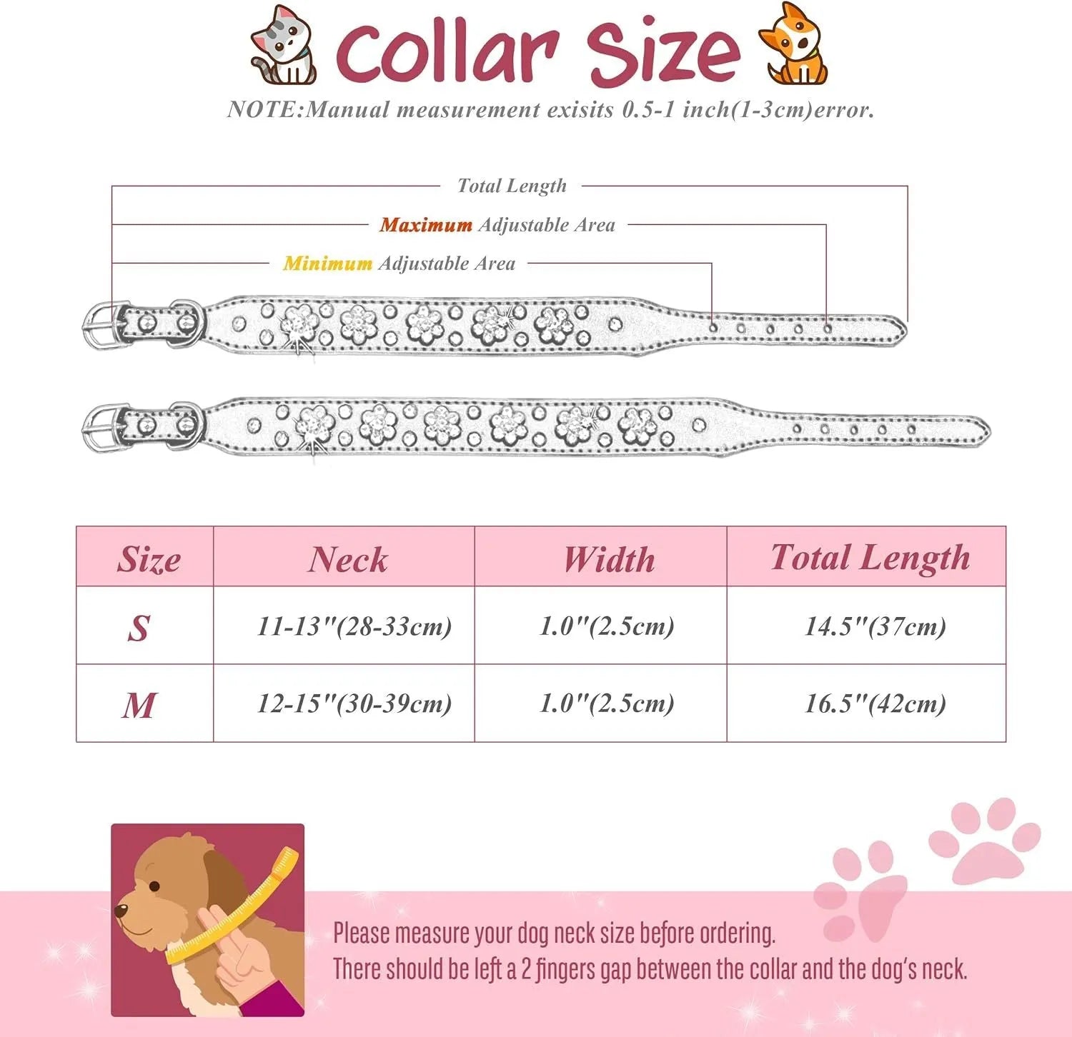 Cute PU leather dog collar with rhinestone flower pattern studs and metal D-ring in black, blue, pink, or red.