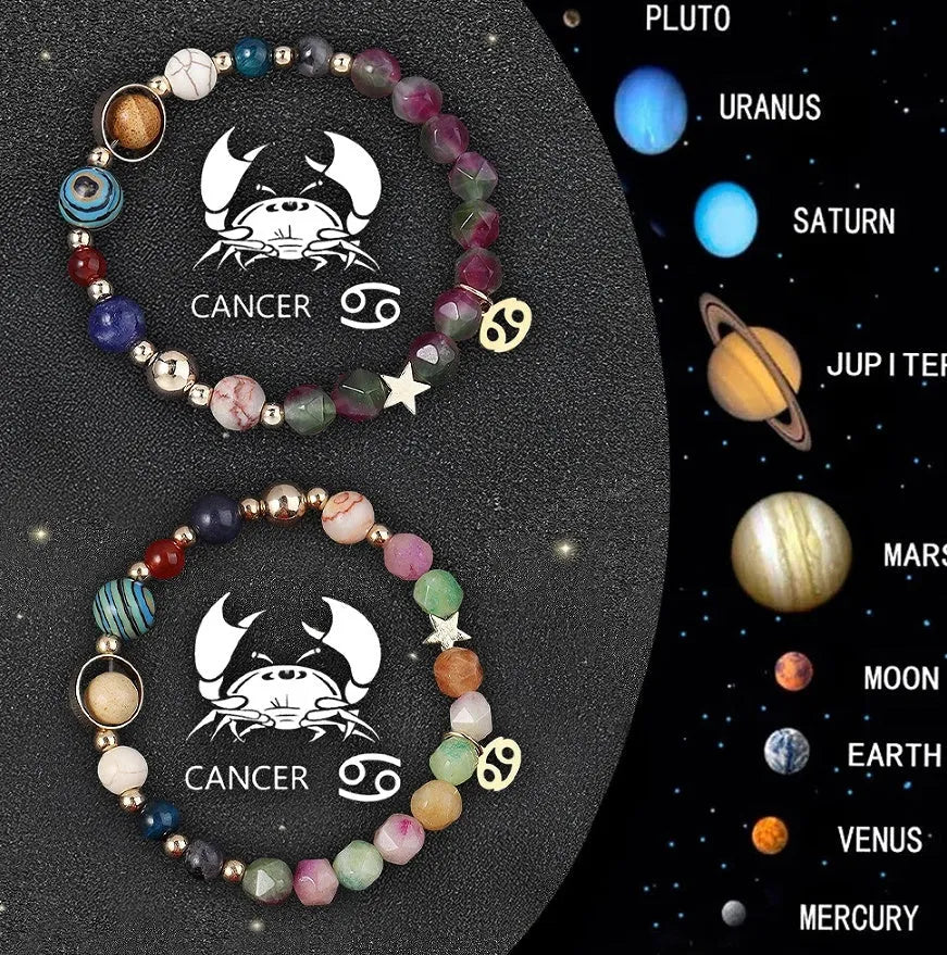 Set of two natural stone beaded bracelets representing zodiac signs from a twelve-style collection.