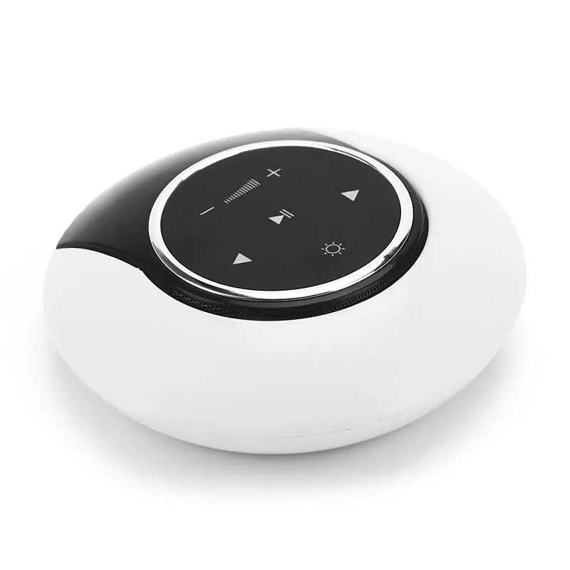 Blue Bluetooth desk lamp with speaker, shown folded, with touch controls on a white base.
