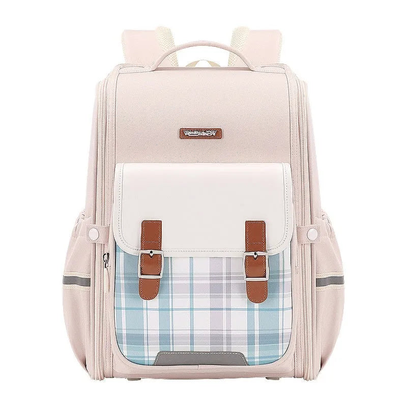 Oxford cloth student backpack in beige, large size, shown as a lightweight schoolbag for Grade 5-6.