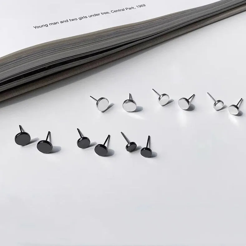 Sterling silver S999 flat ear bone studs in geometric round design, silver and black colour options