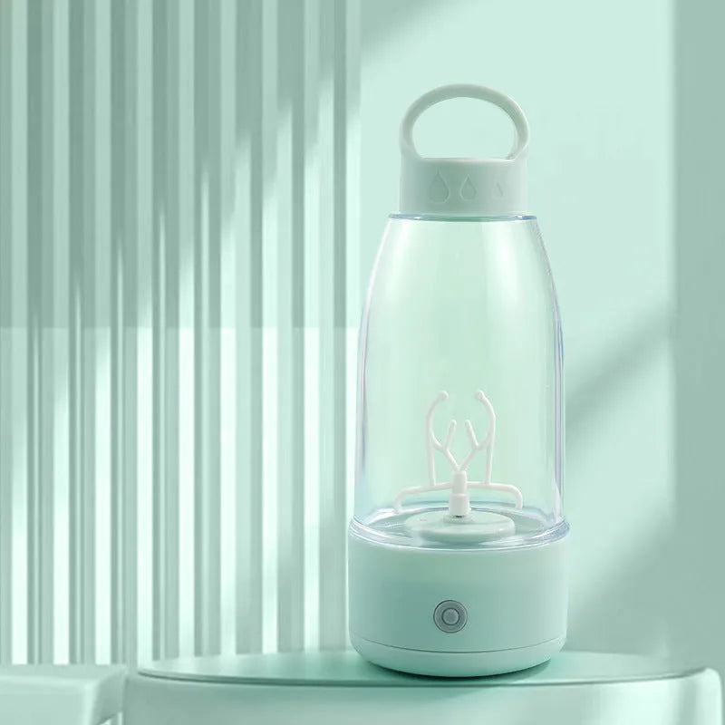 Automatic electric shaker bottle with USB charging, 350ml capacity, plastic body, and IPX5 waterproof rating