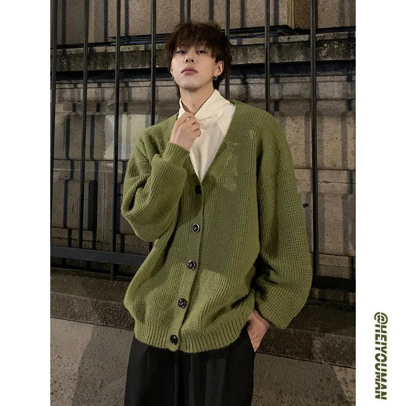 Men's loose V-neck cardigan sweater in cotton blend fabric available in five colours