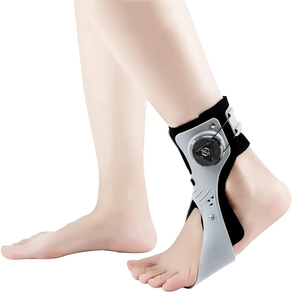 Black and grey adjustable ankle support brace with airbag button, shown in left and right specific fittings.