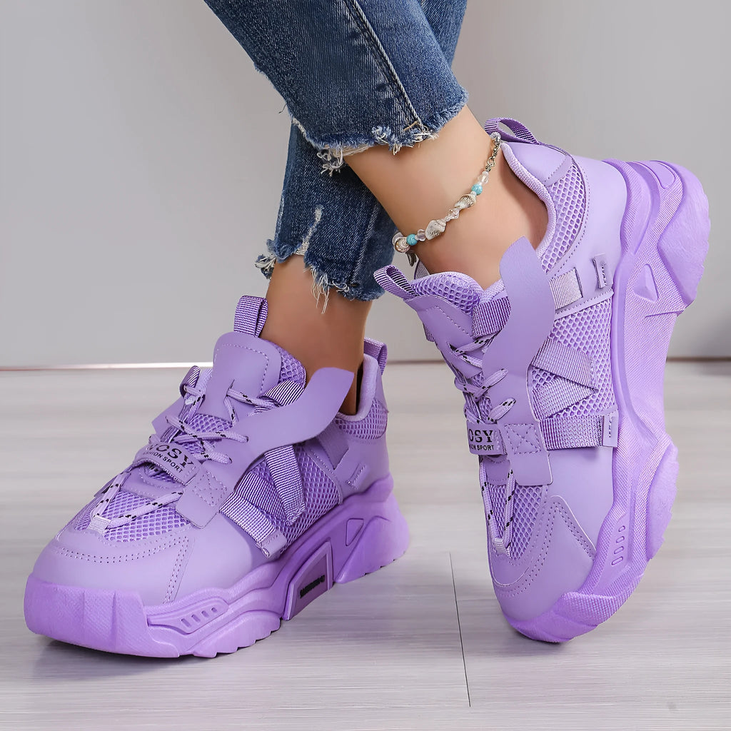 Women's purple platform mesh sports shoes with lace-up front and patterned sole