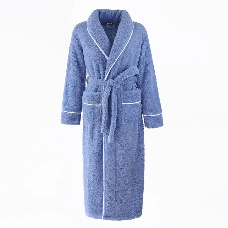 Thick flannel couple's bathrobe in winter colours like navy blue and silver gray, shown in plus sizes.