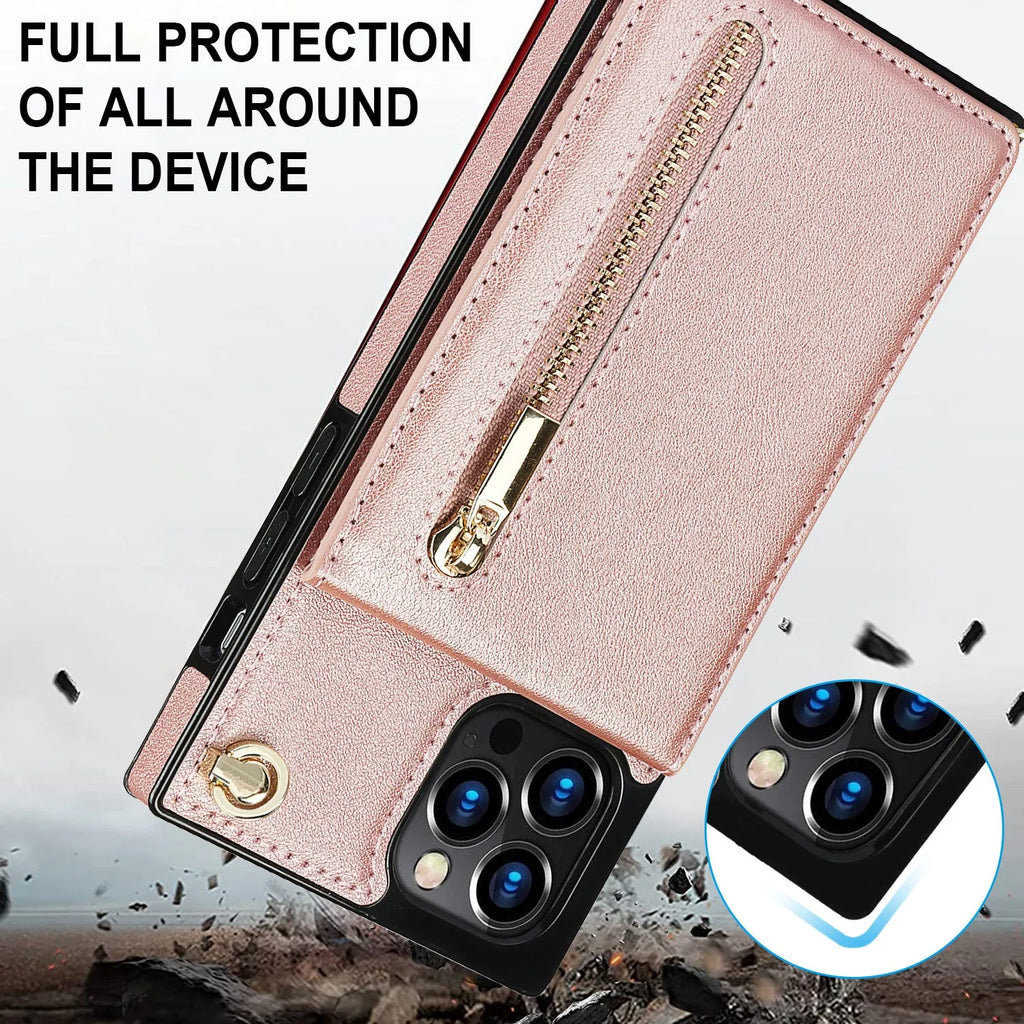 Leather and TPU protective phone case for smartphone in black, green, purple, red, and rose gold colours.