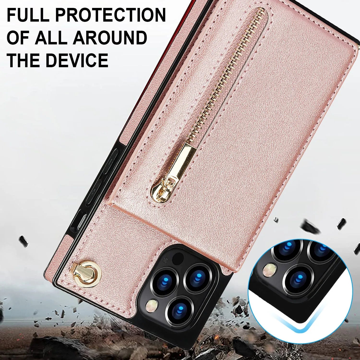 Leather and TPU protective phone case for smartphone in black, green, purple, red, and rose gold colours.