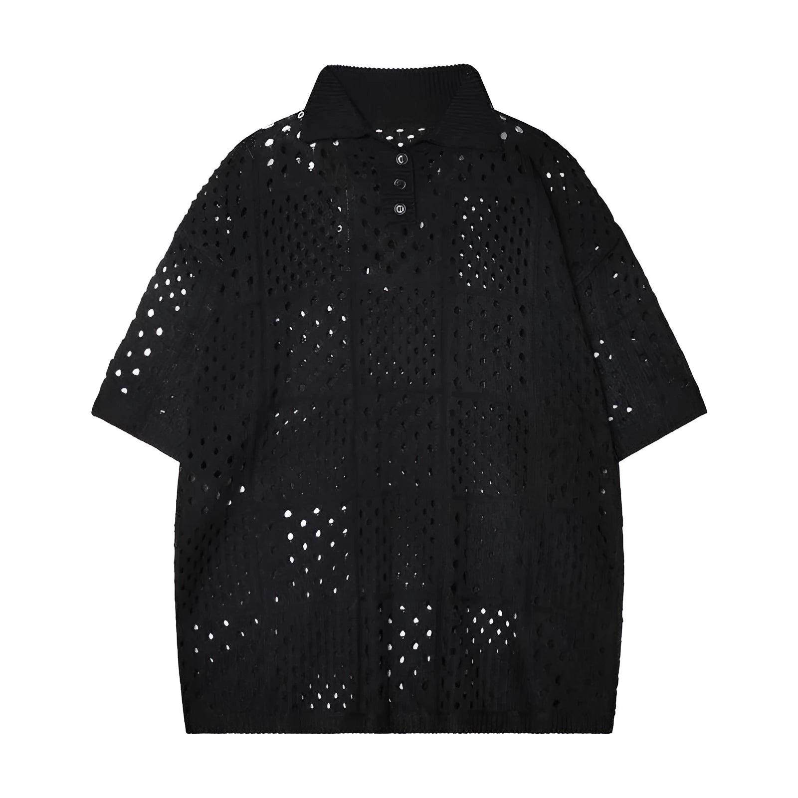 Man wearing a black loose-fit knitted short-sleeve polo shirt with a collar and button placket.