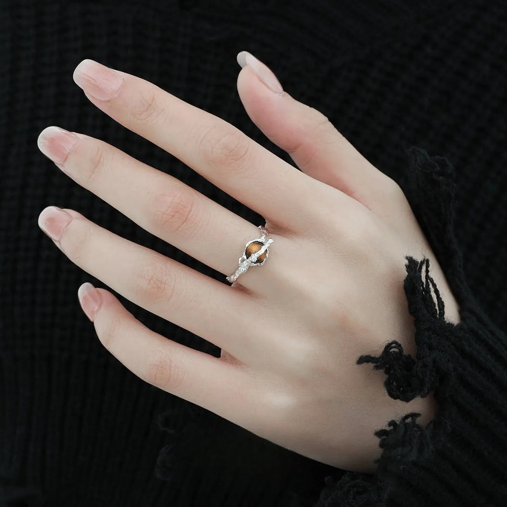 Women's adjustable Saturn tiger's eye open ring with white gold electroplating on silver