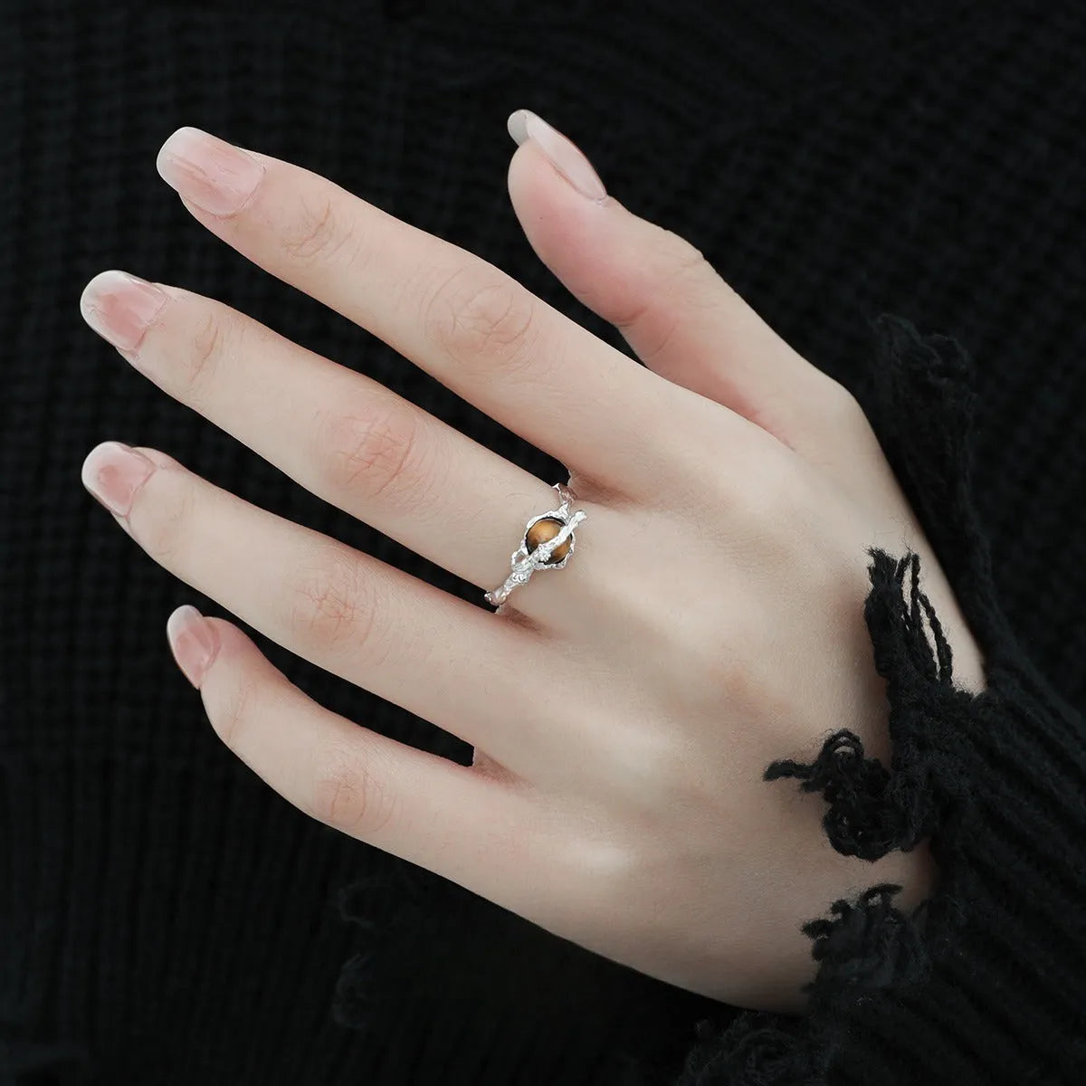 Women's adjustable Saturn tiger's eye open ring with white gold electroplating on silver