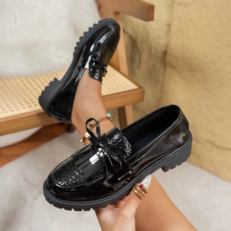 Women's brown and black loafers with bow detail in artificial PU leather for spring and autumn wear