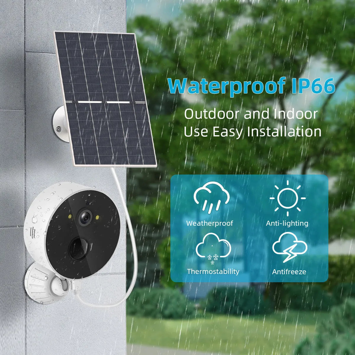 Solar-powered outdoor security camera with solar panel and 1080P resolution