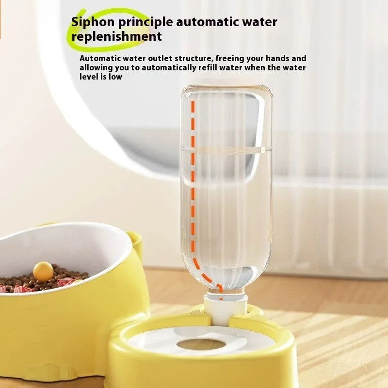 Double bowl automatic drinking pet basin with stainless steel bowls on ceramic base in blue colour