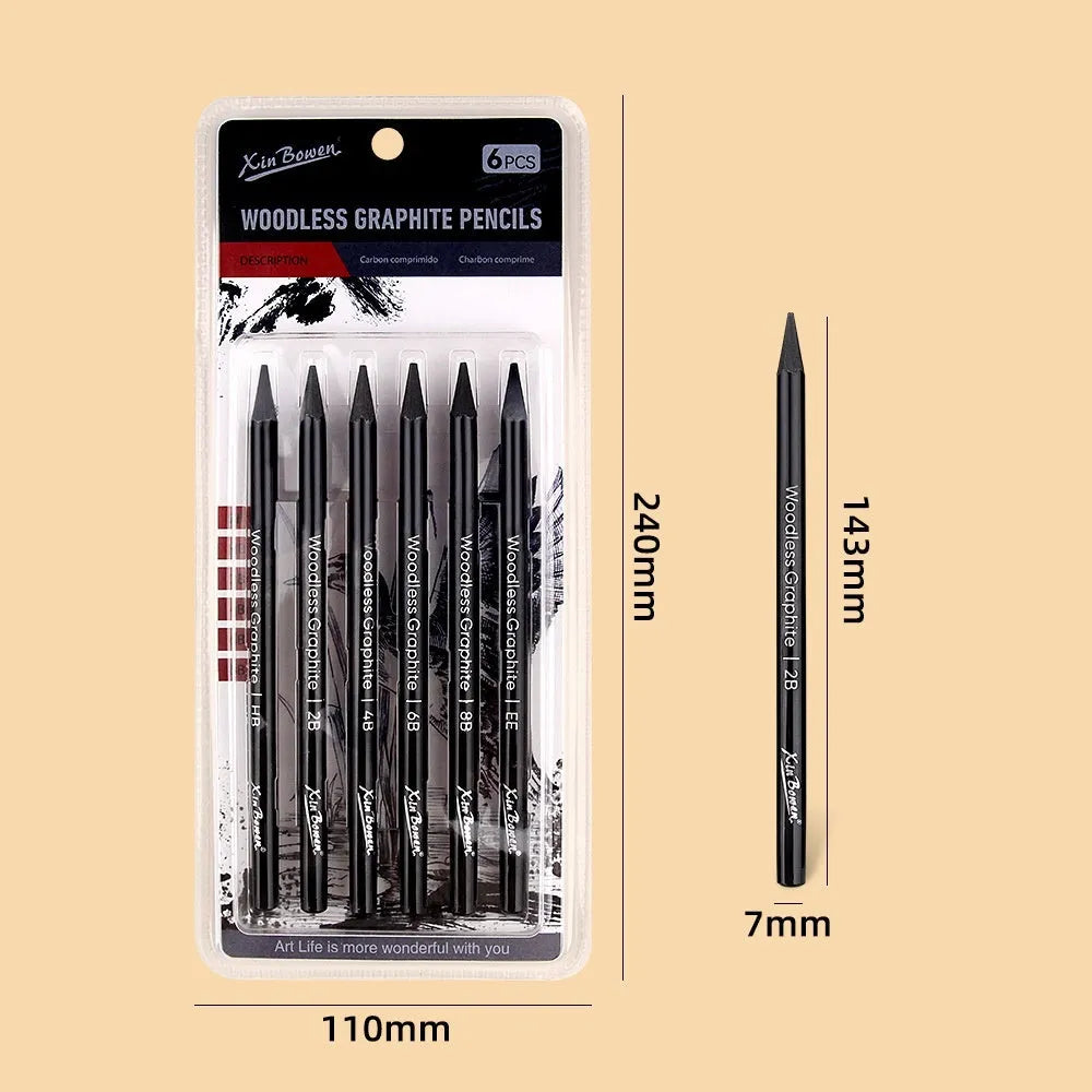 Wood-free graphite art sketching pencils six-piece set with graded hardness options