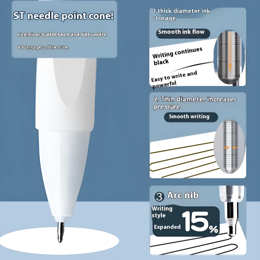 A pack of 10 quick-drying ballpoint pen refills in black, blue, ink blue, and red colours.