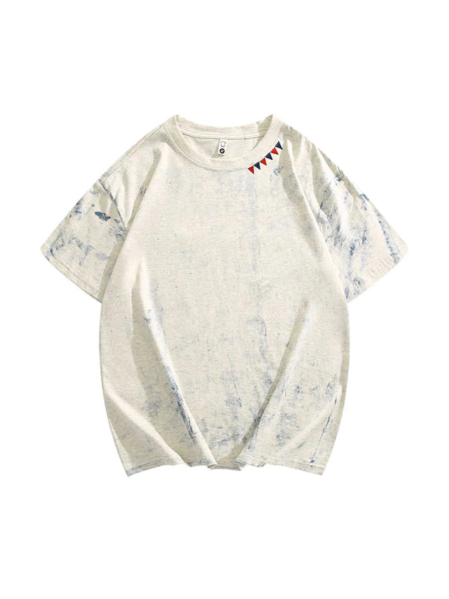 Gray tie dye full printing paint short sleeve T-shirt with round neck, loose fit, on a white background