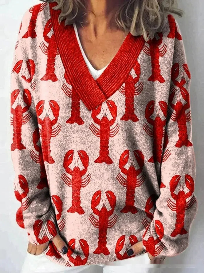 Women's floral print V-neck long sleeve sweatshirt with 3D pattern effect