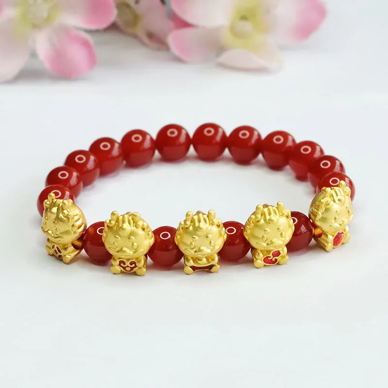 Natural red agate bracelet with Five Blessing Dragon carving, 8mm beads, Chinese style