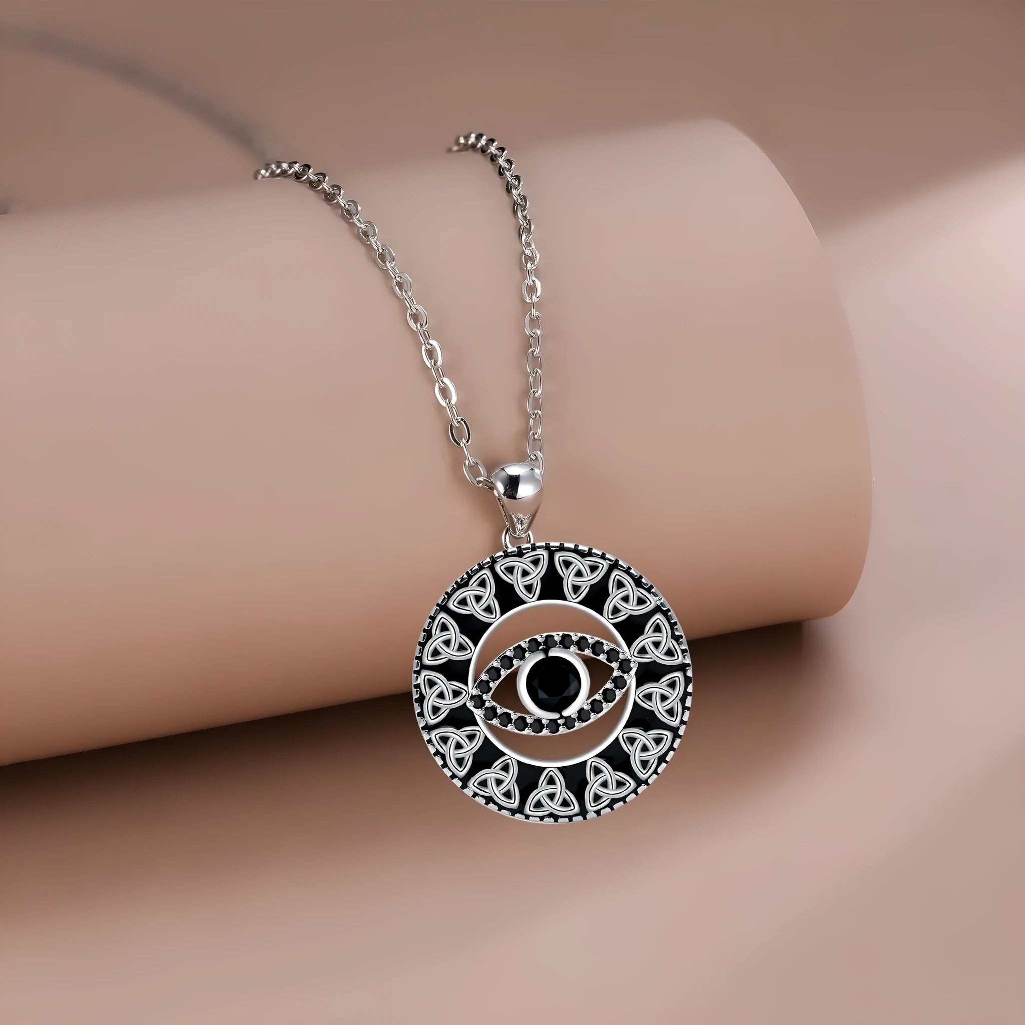 Devil's eye copper pendant necklace with electroplated finish and cross chain for women