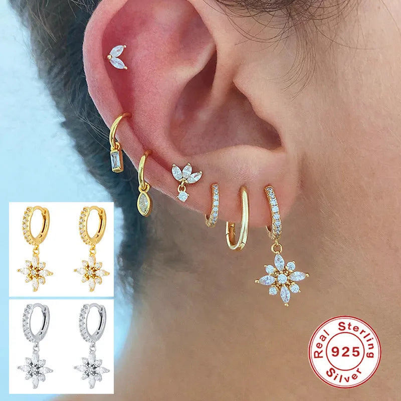 S925 sterling silver diamond snowflake pendant earrings in white gold and yellow gold colour options