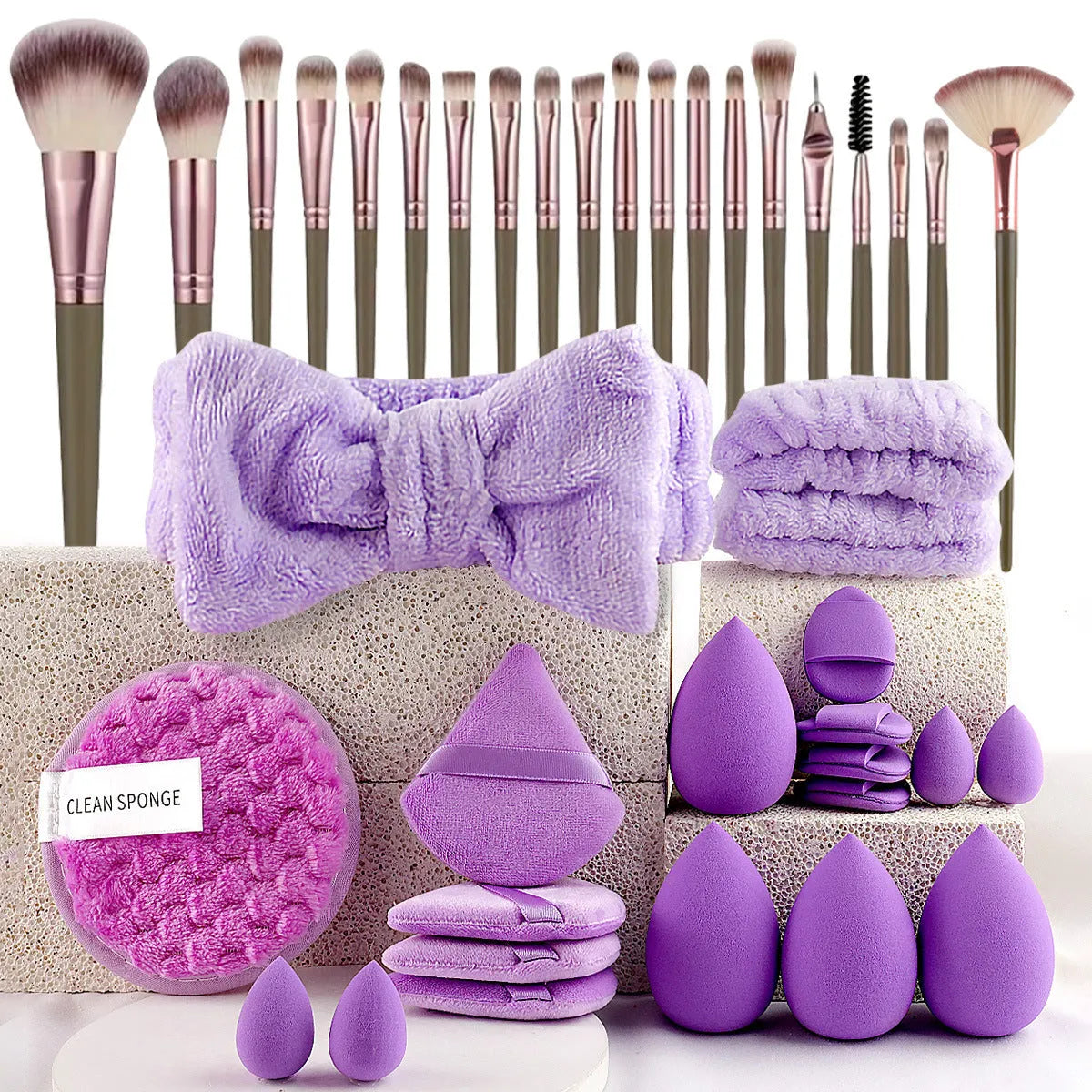 40-piece beauty tools major combination suit with hydrophilic non-latex face wash and makeup tools in Brown, Pink, Purple