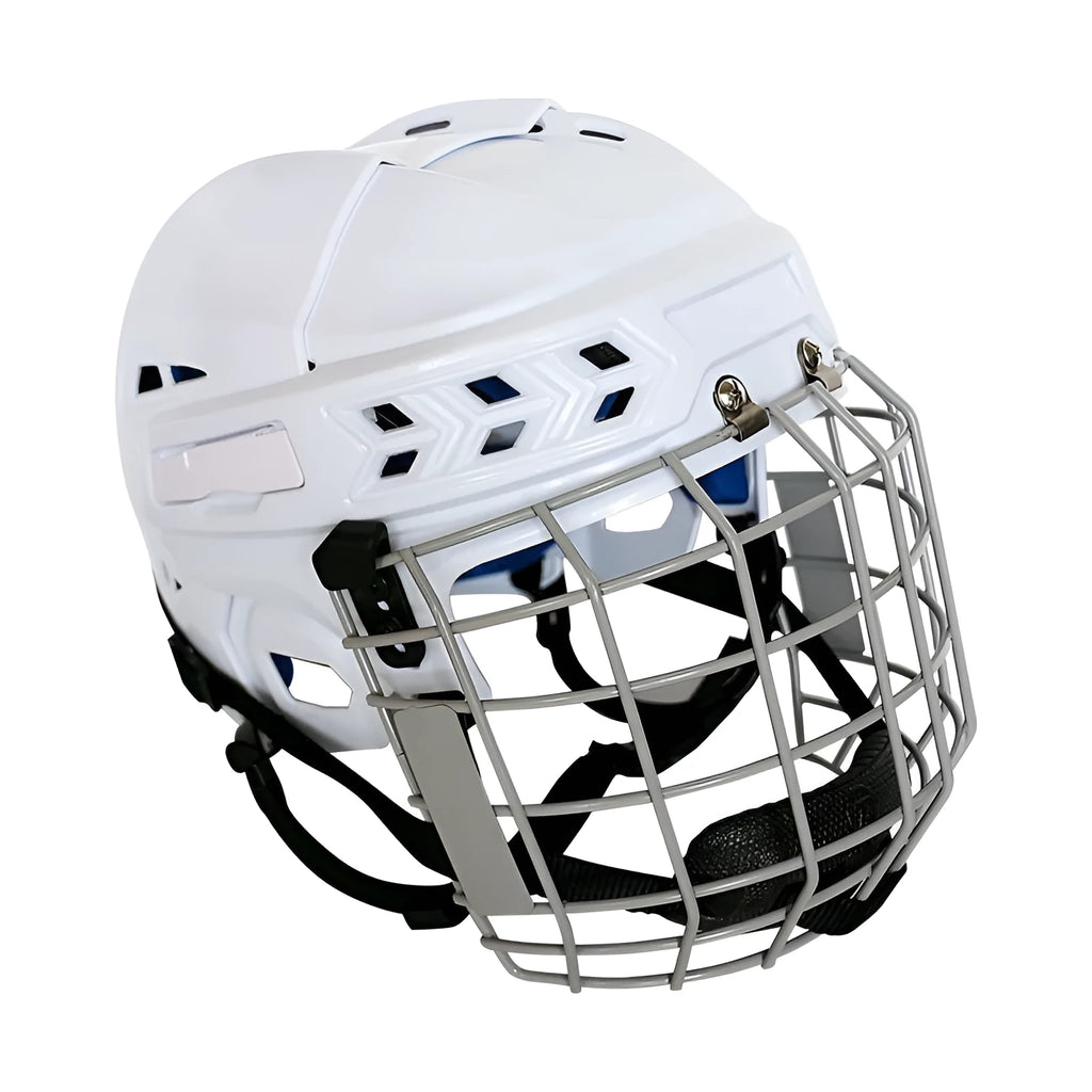 Ice hockey helmet with a carbon steel face mask showing impact-resistant shell and cushioned interior lining.