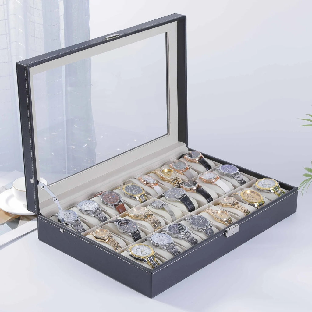 Grey high-grade leather watch storage box with dustproof see-through lid, 10-bit capacity