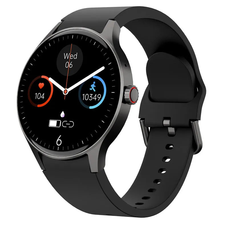 46mm smart sport watch with round colour touch screen shown in black, blue, pink, or red colours