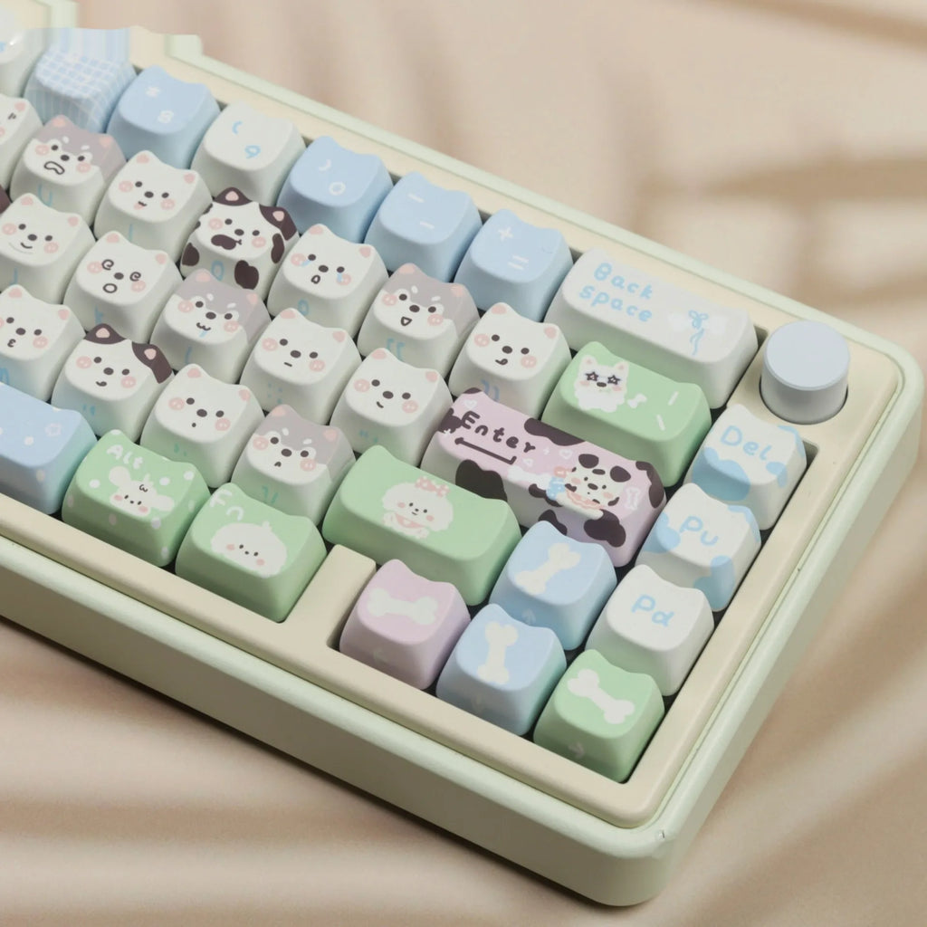 Full set of PBT key caps with sublimation printed cat and puppy designs for mechanical keyboards