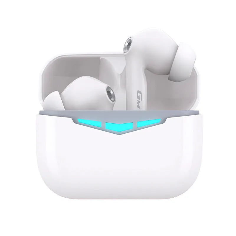 True wireless gaming Bluetooth in-ear headphones with charging case and spare earmuffs.