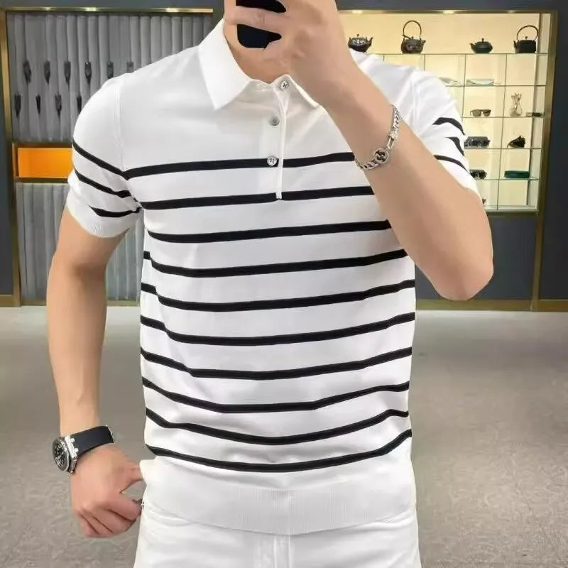 Black and white striped pullover T-shirt laid flat, showing non-iron casual design.