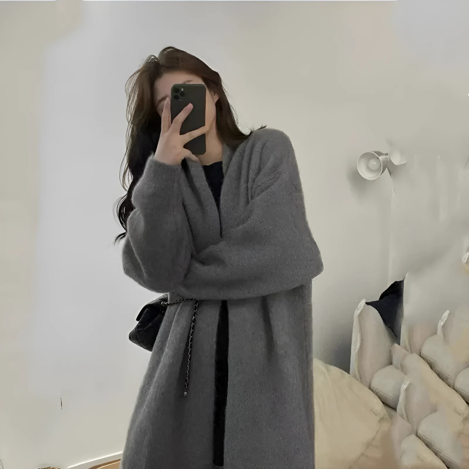 Loose knitted chenille cardigan for women in khaki with 3D pattern and long sleeves