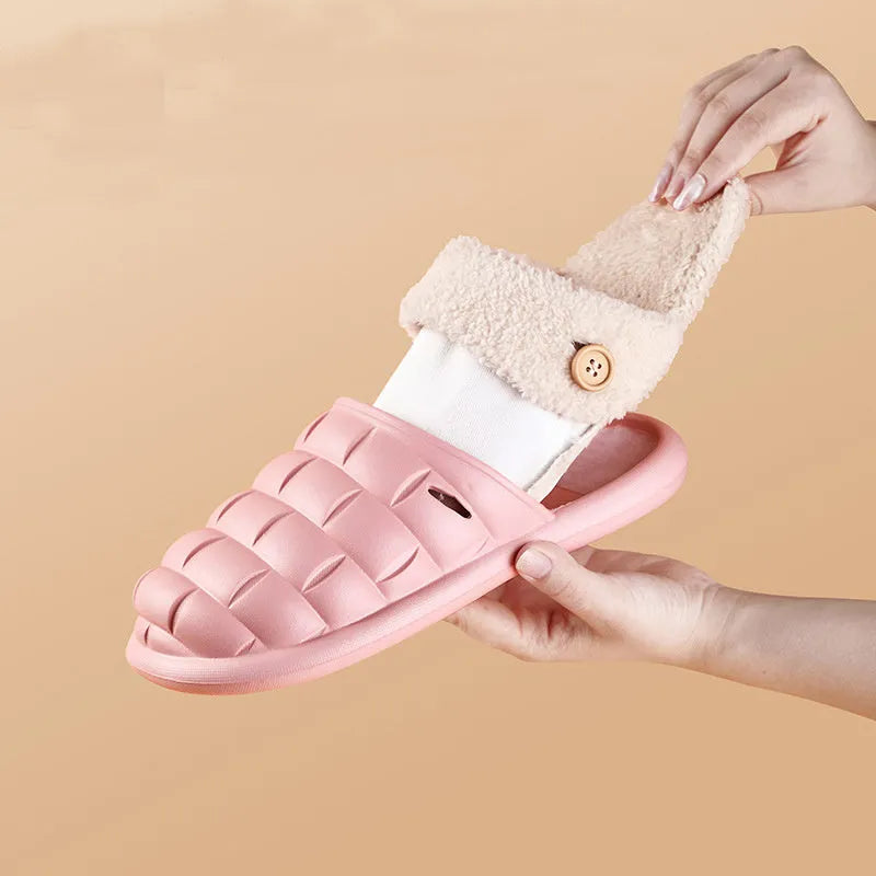 Women's pink and grey plaid detachable slippers with plush lining and a textured non-slip sole.