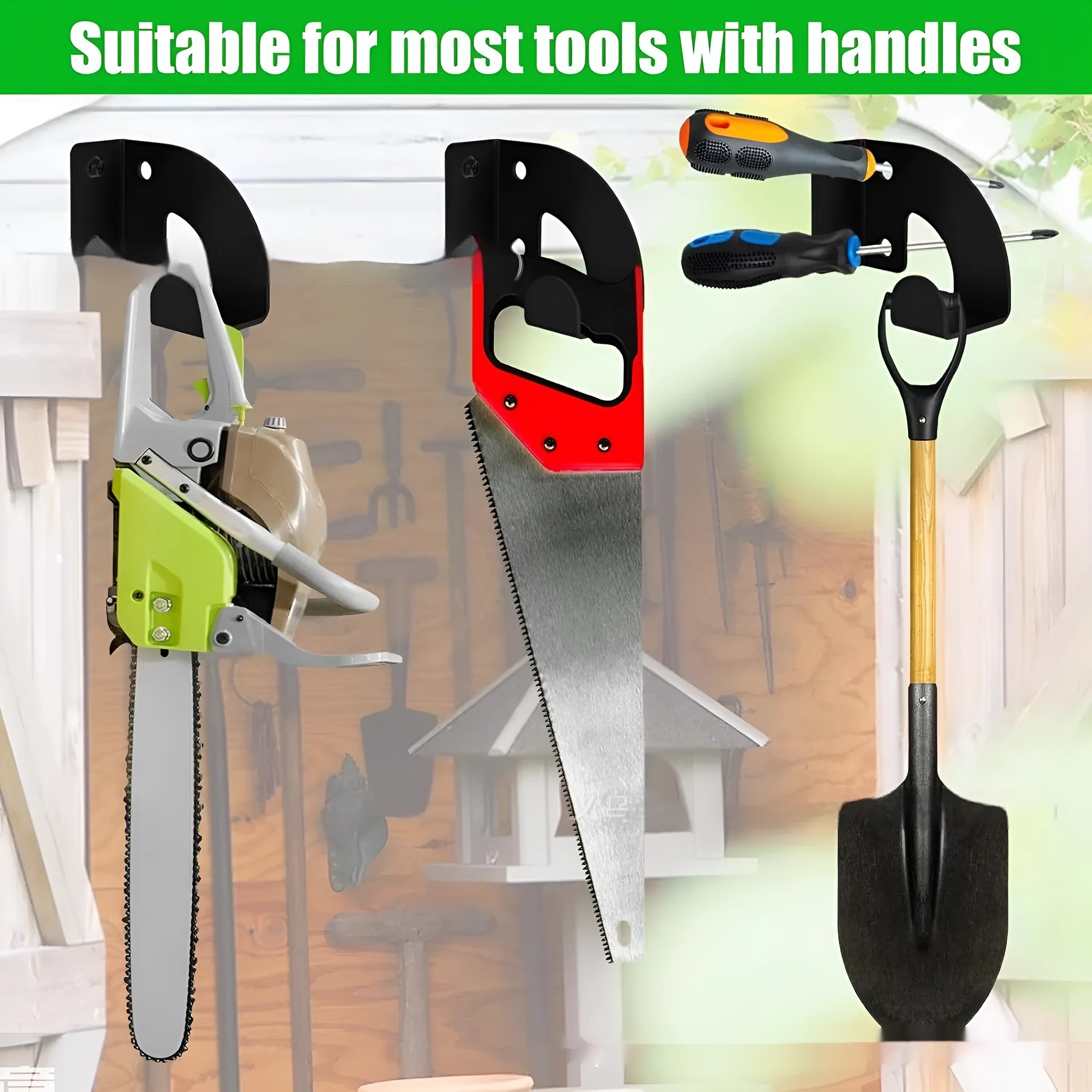 Wall-mounted iron shovel and racket hanger in black (Hanger A style) on a plain wall
