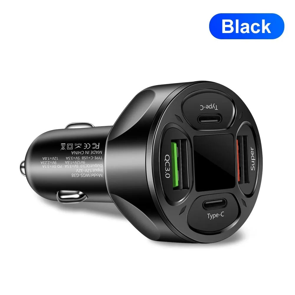 66W black digital display car charger with two USB ports and two Type-C ports