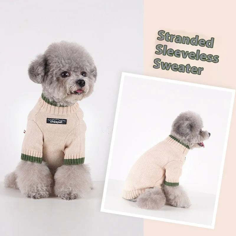 British-style two-legged wool pet sweater in Crown Blue on a dog model