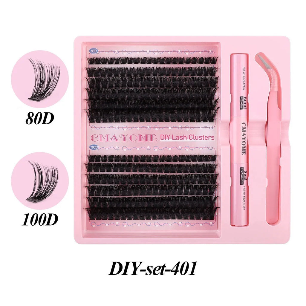 DIY single cluster false eyelashes showing artificial fibre mixed split type clusters on storage tray