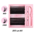 DIY single cluster false eyelashes showing artificial fibre mixed split type clusters on storage tray